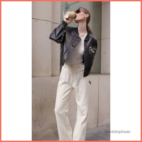 Faux Leather Bomber Jacket with Baseball Collar and Pockets - Picture 7 of 7